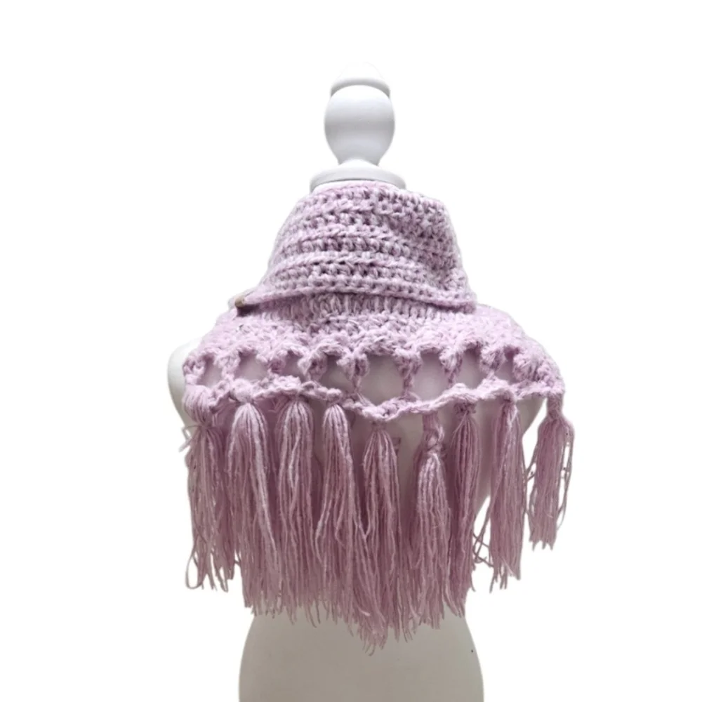 Hand Crafted Crochet 2-piece Set Fringe Scarf & Winter beanie Purple chunky knit